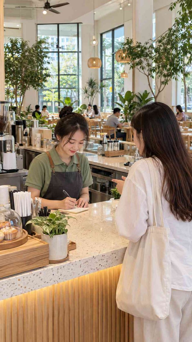 Nhân viên ghi order bằng giấy thủ công